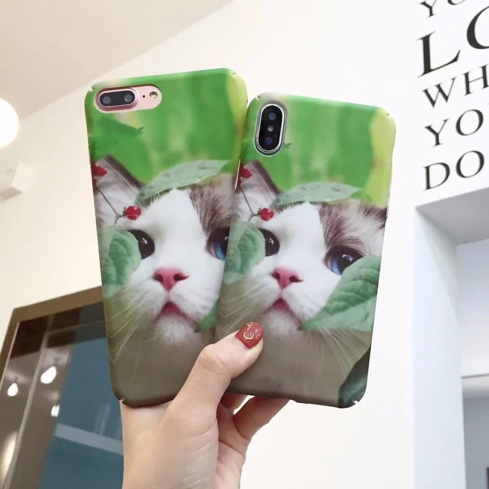 BINYEAE милый кот чехол для телефона iPhone 6 6S 7 8 плюс свежий зеленый лист животный