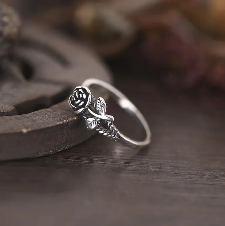 

Vintage Antique Silver Rose Flower Rings for Women Lover Engagement Gift Romantic Flower Ring Fashion Ladies Jewelry Gifts