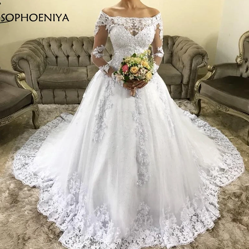 Vestido-de-Noiva-Long-Sleeves-Ball-Gown-Wedding-Dresses-Boat-Neck-Robe-de-mariee-Chapel-Train