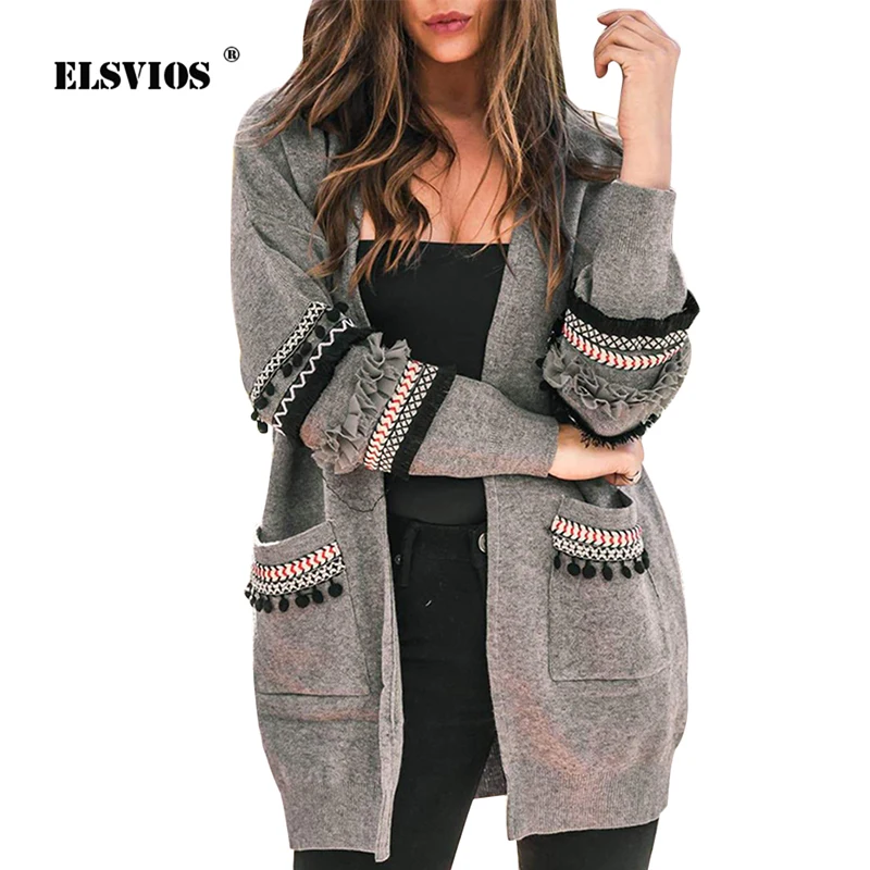

ELSVIOS Knitted Pockets Tassel Long Cardigans Vintage Sweater Autumn Winter Long Sleeve Coat Women Loose Sweater Outwear 3XL
