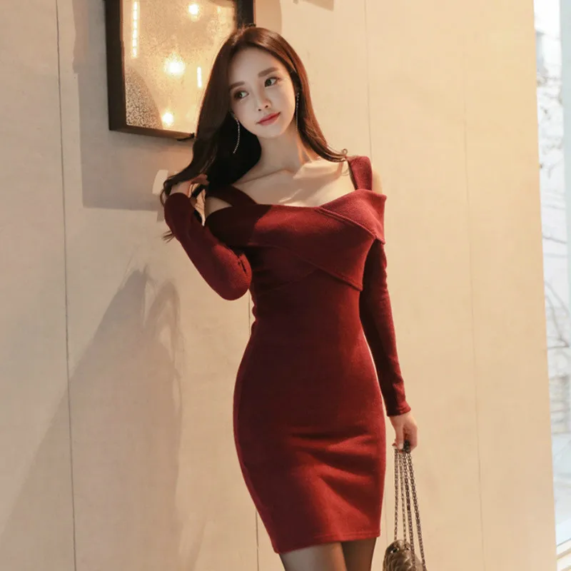 

Plus Size Pencil Dress 2019 Women Spring Red Long Sleeve Spaghetti Strap Slash Neck Sexy Casual Mini Dress Vestidos Mujer Elbise