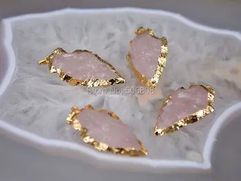 

6pcs Nature Pink Quartz Arrowhead Pendant Beads, Gold Electroplated Quartz Pendant