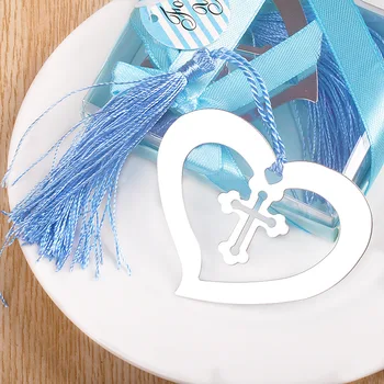 

100pcs/lot metal christening cross in heart with tassel in gift box wedding baby showers baptism party favors and door gifts