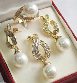 

AAA 12mm White Shell Pearl Pendant Necklace Earrings Ring Set AAA style>new jewelry Quartz Crystal Women Wedding