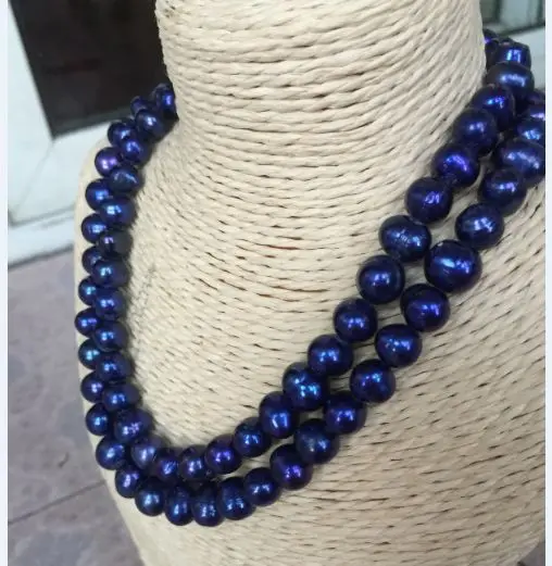 

double strands 10-11mm tahitian baroque blue pearl necklace 18" 925 silver