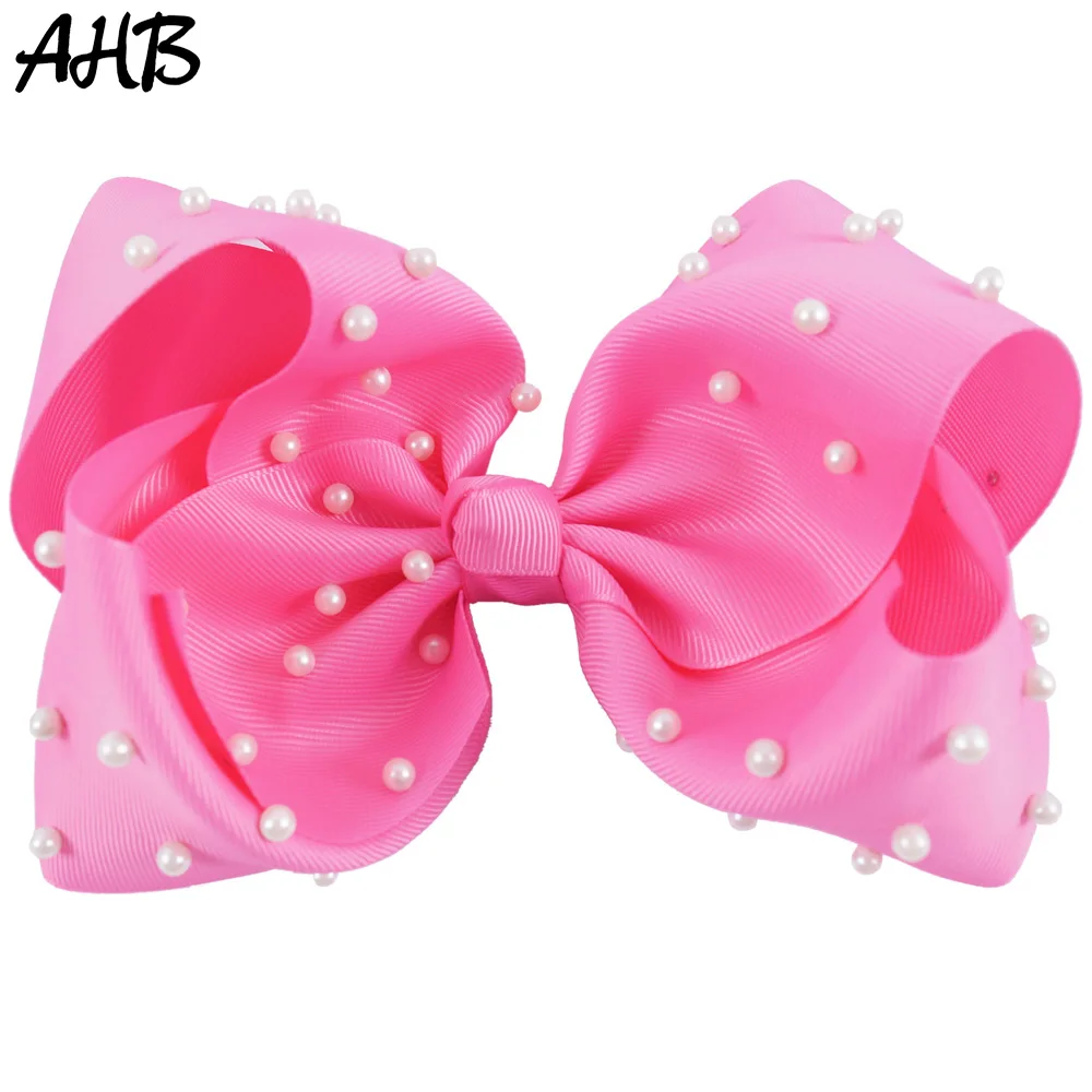 

AHB 7 Inch Solid Large Hair Bows for Girls Cute Pink Hair Ribbons Bowknot Pearls Hair Clips Handmade Hairgrips Kids Headwear