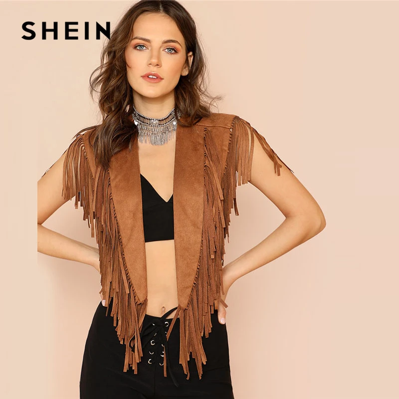 Buy SHEIN Brown Shawl Collar Crop Fringe Plain Jacket