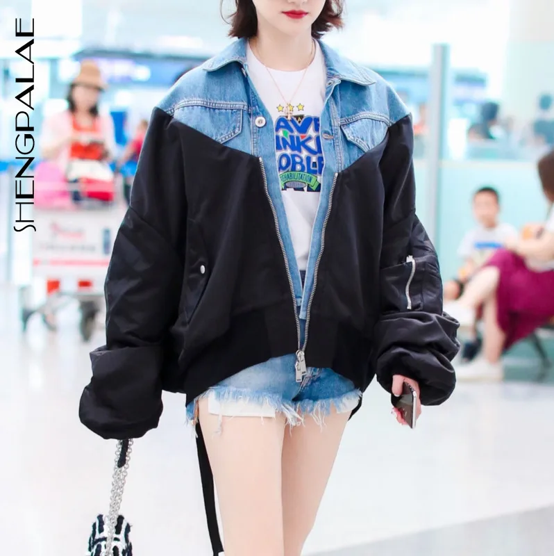 

SHENGPALAE 2019 New Winter Patchwork Denim Jacket Turn-down Collar Long Sleeve Personality Loose Women Korean Fashion Coat FI247