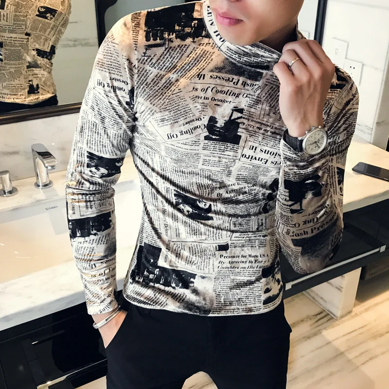 

High Quality Winter Print T Shirt Men Brand New Slim Fit Casual Mens T-Shirts High Collar Gentlemen Streetwear Tee Shirt Homme