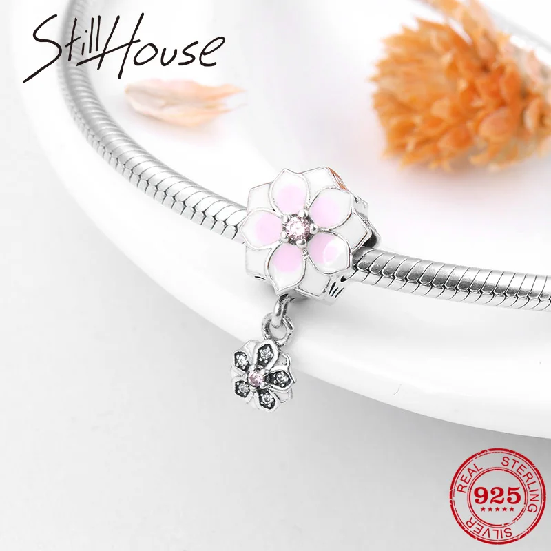 

Silver 925 jewelry Pink withe Enamel Flower dangle Floret Beads Charms Fit Original Pandora Charm DIY Bracelets making Bangle