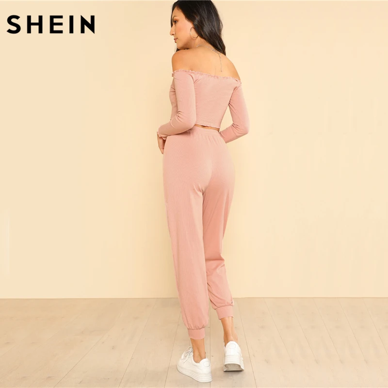 SHEIN Модный Топ С Открытыми Плечами И Спортивные Брюки Женский Спортивный
