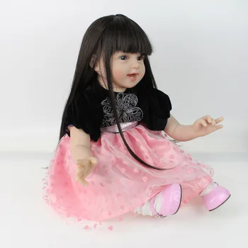 

Kawaii Pink Reborn Baby Doll Soft Silicone 28cm Magnetic Mouth Lovely Lifelike Black Hair Pink dress Baby AH-635