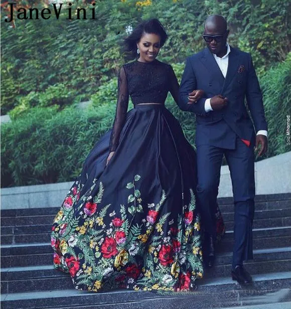 

JaneVini 2019 Elegant Floral Prom Dress Black Girls Satin Two Pieces Long Sleeves Evening Party Gowns Lace Open Back Gala Jurken