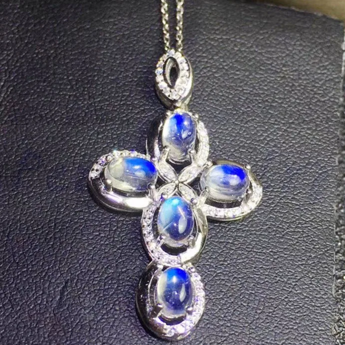 Moonstone cross necklace pendant Free shipping Natural real blue