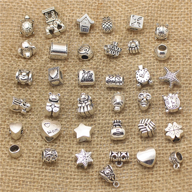 50 Uds. Vintage con agujero grande de cuentas, abalorios de Metal antiguo mezclado para bricolaje, para pulseras|beads charms|big holebig hole beads -
