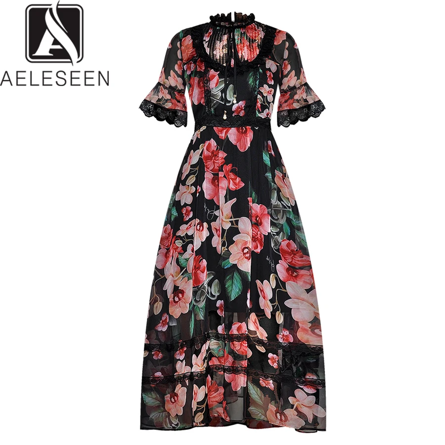 

AELESEEN Summer Bohemian Women Midi Dresses Luxury Flare Sleeve Runway Fashion 2019 Flower Print Lace Patchwork Designer Dress