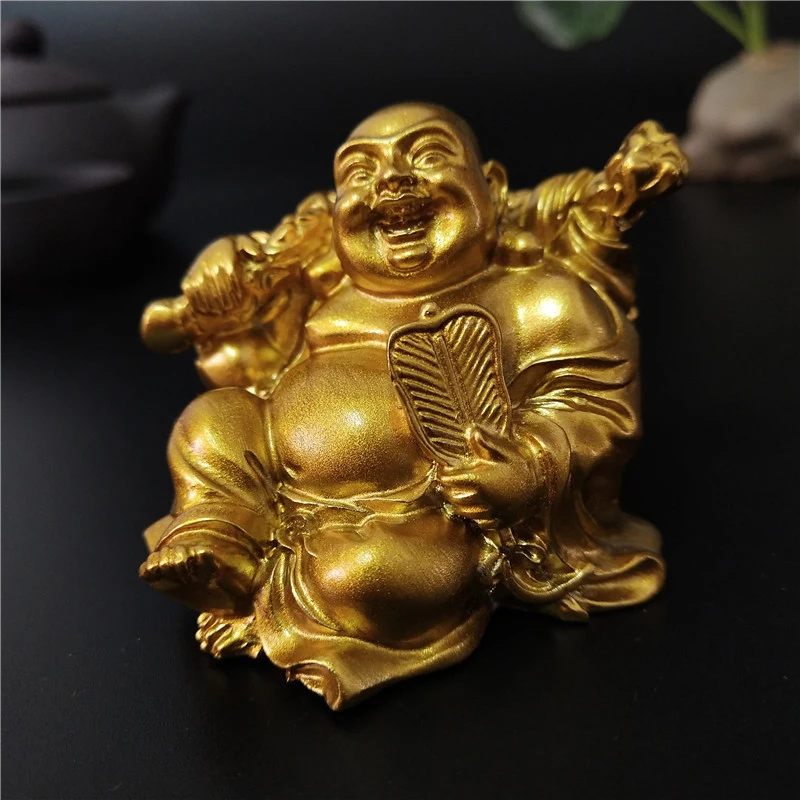 

Golden Sitting Maitreya Laughing Buddha Statue Sculptures Figurines Ornaments Feng Shui Garden Home Decoration Buddha Statues