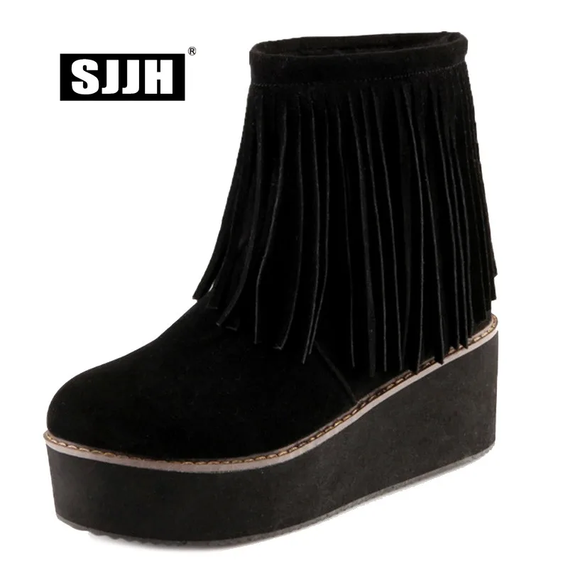 

SJJH Woman Ankle Boots with Round Toe Platform Snow Short Boots Autumn Plush Fringe Fashion Casual Formal Shoes Large Size Q050