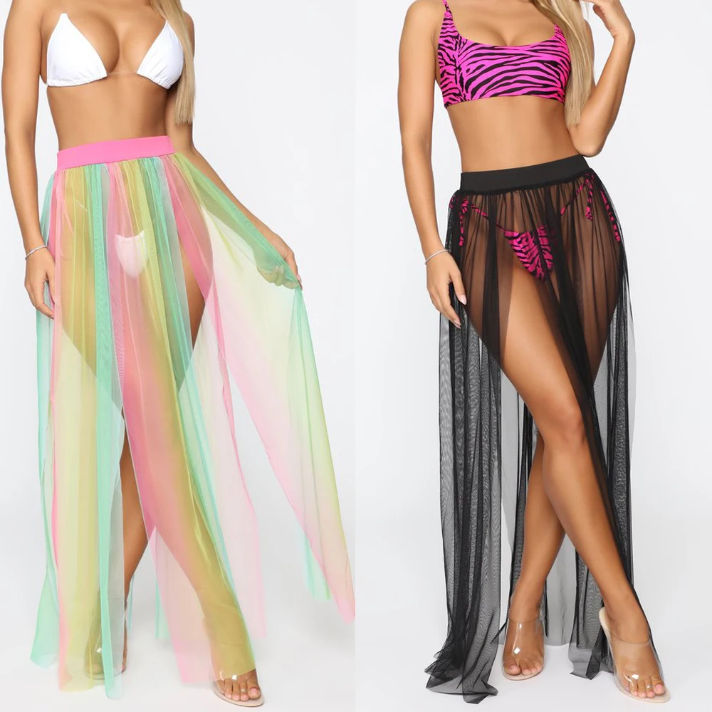 swim suit cover New Style Women Swimwear Bikini Cover Up Sheer Beach Skirt Sarong Pareo Beachwear Solid See Through High Waist Fashion Hot 2019 bathing suit and cover up set