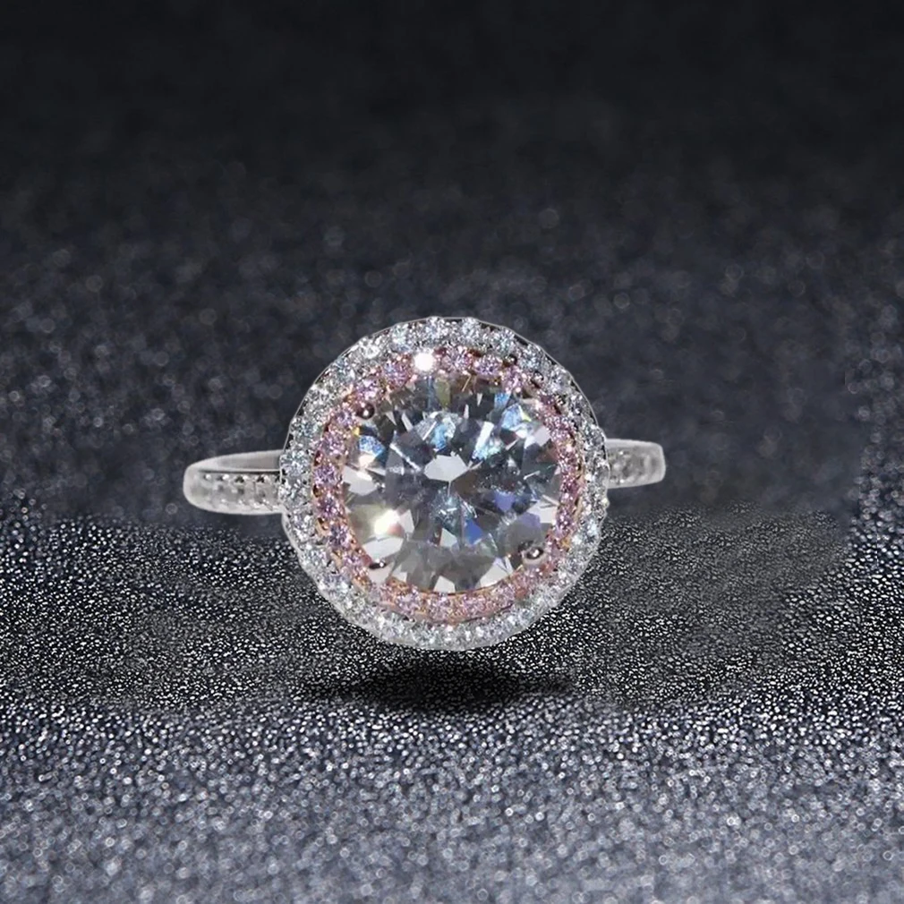 

Luxury Female Round Pink Color Simulated Zircon Bridal Rings Lady Engagement Rhinestone Wedding Jewellry Gift