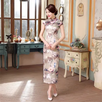 

High Quality Chinese Women Long Satin Qipao Novelty Halter Flower Cheongsam Summer Casual Slim Dress S M L XL XXL XXXL C0044-B