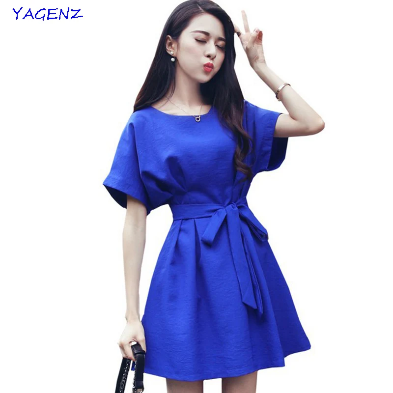 2019 Nové Dámské šaty Léto Modré Kulatý výstřih Poloviční rukávy Dámské Šaty Party šaty Bavlněné lukové knoflíky Korejský styl YAGENZ A58