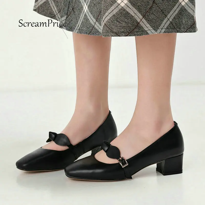 

Women Genuine Leather Mary Jane Shoes Comfort Low Heel Bow Knot Pumps Fashion Buckle Square Toe Dress Spring Autumn Shoes