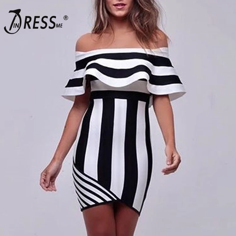 INDRESSME женское Бандажное платье в полоску с открытыми плечами Сексуальное мини