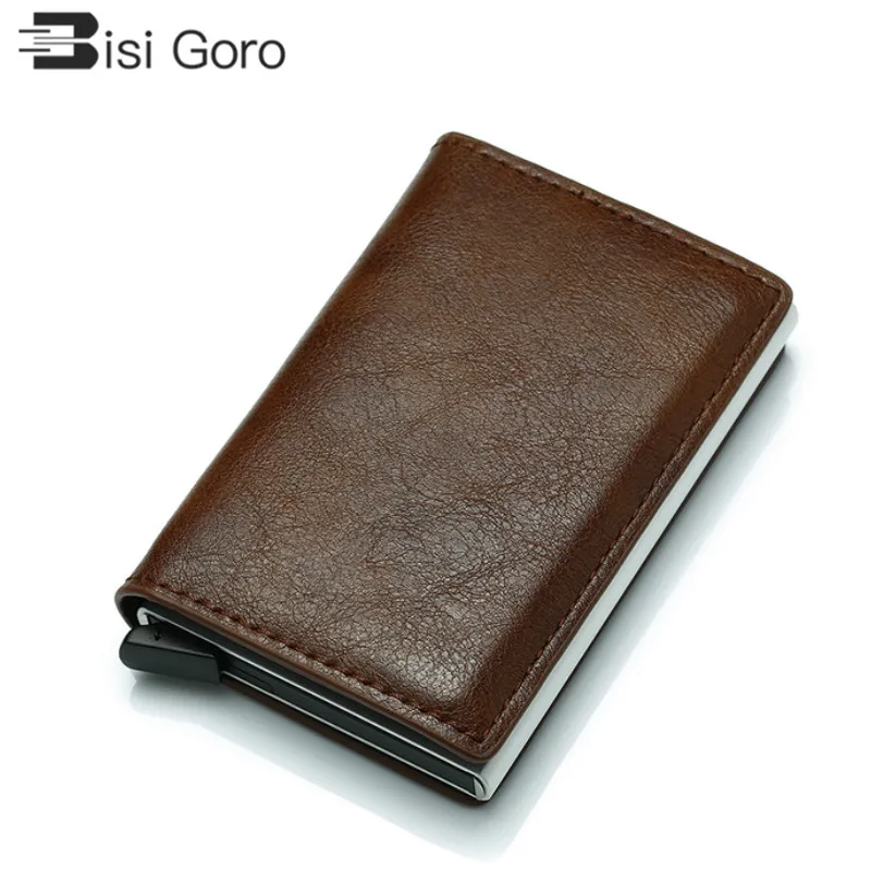 

BISI GORO fashion auto Pop-up aluminium credit card case anti rfid protection bank card case solid unisex leather porta tarjetas