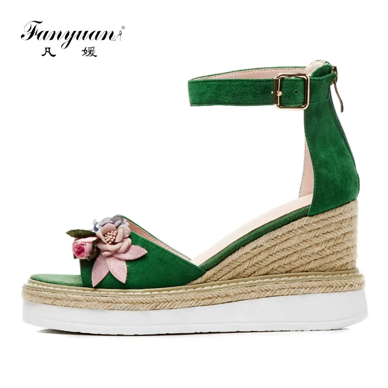 

Fanyuan Wedge Sandals Women Ankle Strap Genuine Leather High Heel Platform Sandals Flower Straw Heels Summer Fisherman Shoes