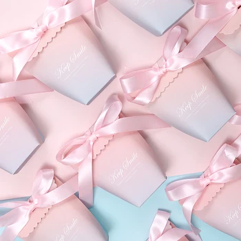 

30pcs/lot Gradient color small Candy Box With Ribbon Fairy bag paper box Gift Boxes Cake Box Wedding Party Baby Shower Supplies
