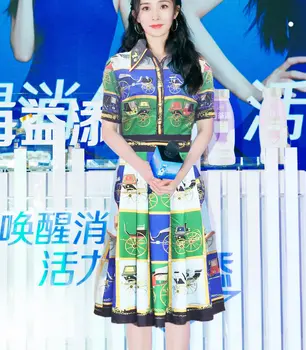 

Vintage Print Women Patchwork Dress Elegant Turn-Down Collar Pleated Dresses F6206