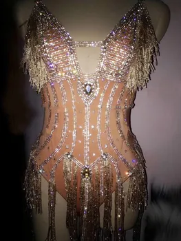 

Sexy Leotard Sparkly Gold Rhinestones Tassel Bodysuit Stage Wear Women's Celebrate Female Singer Crystals One Piece Costume DJ