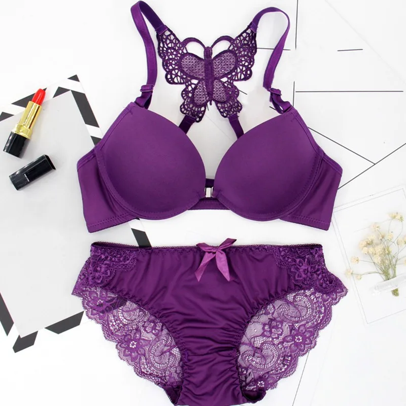 

Deruilady Sexy Women Lace Bra Set Charming Front Closure Beautiful Back Push Up Bra Panties Set Sexy Lingerie Suits Bow Bra Sets