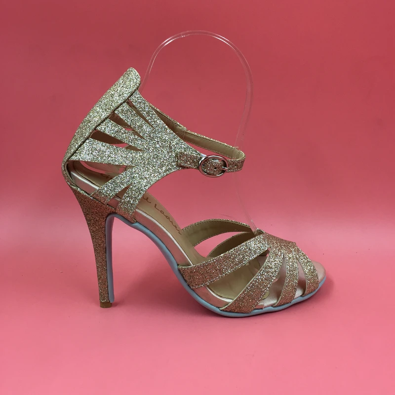 

Golden Glitter Wedding Shoes Stiletto Open Toe Made-to-order Women Sandals T-straps Handmade Party Dancing Shoes Custom Size US8