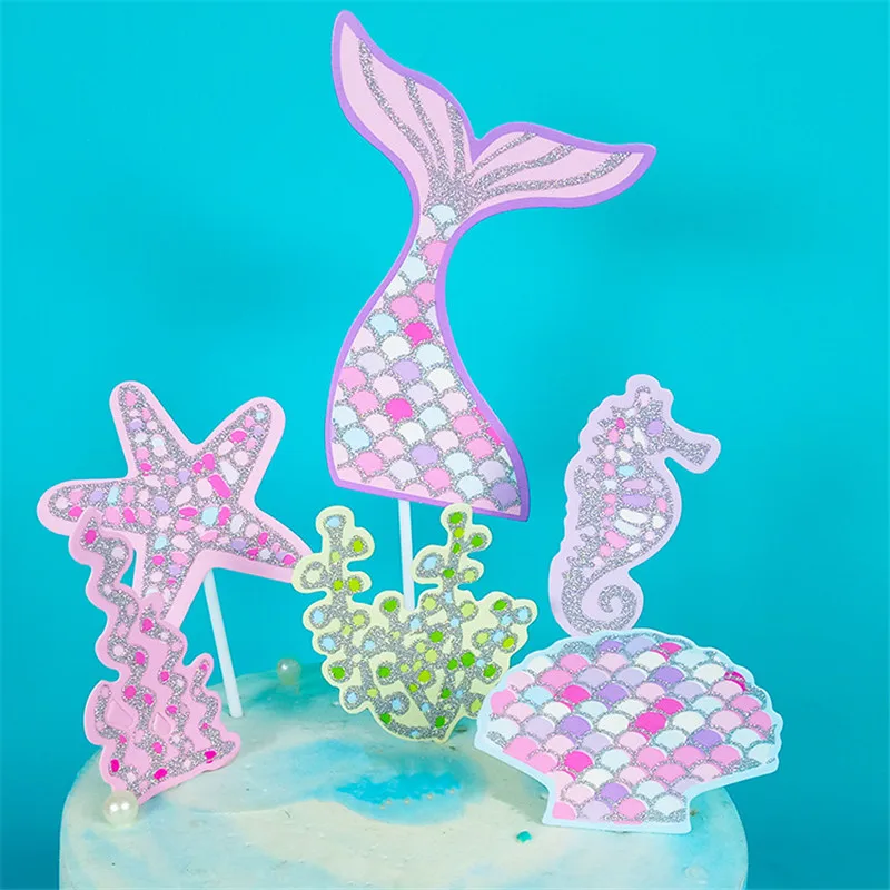 

Mermaid Theme Multi-color Cupcake Cake Topper Happy Birthday Cake Flags For Family Birthday Party Baking Decoration Supplies