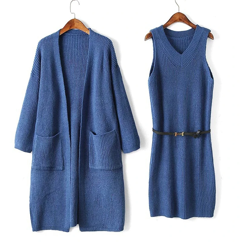 

2 Piece Set Women Cardigan Sweater And Sleeveless Knitted Long Sweater Dress 2019 New Autumn Winter Casual Loose Sweaters