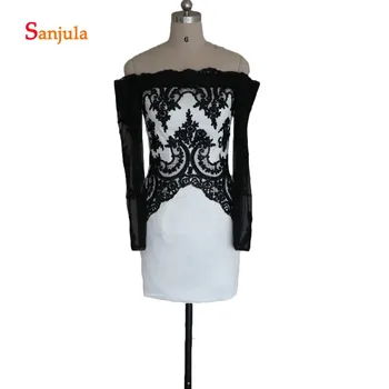 

Boat Neck Black Lace Mother's Dress White Satin Off Shoulder Long Sleeve Mother of the Bride Dresses Short Evening Gowns D17