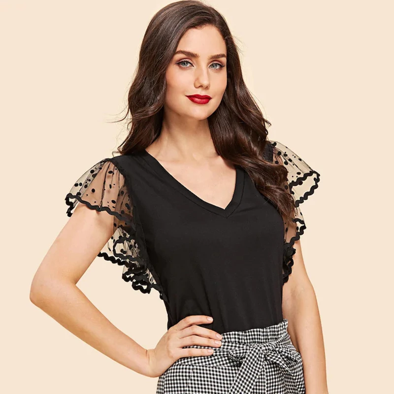 

lace short Dot Petal Sleeve sexy thin summer women t shirt V neck vintage mesh black tops tunic 2019 new Fitted korean vogue tee