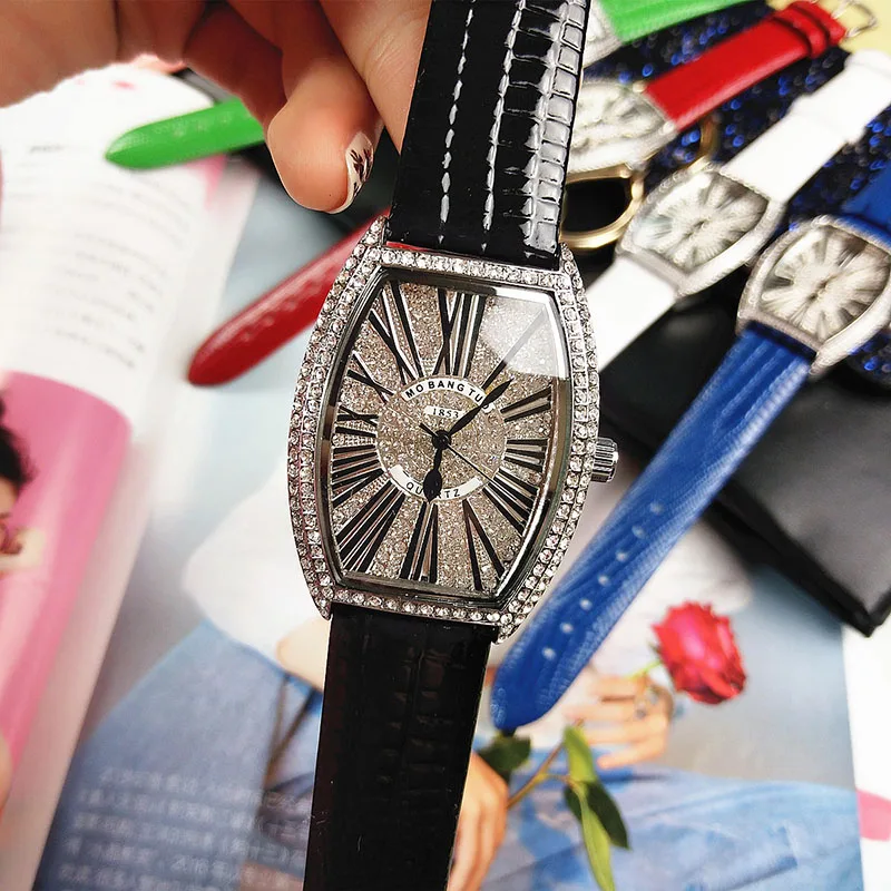 Женские часы Роскошная марка, Женская мода с кристаллами Tonneau Кварцевые женские наручные часы женские часы Relogio Feminino - Цвет: Черный