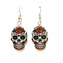 

Silver Hooks Sugary Calavera Skull Earrings Celebrate Mexican Day of the Dead Halloween Acrylic Cute Halloween Skull Earring