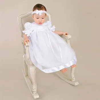 

With Headband Baby Girl Christening Dresses Ankle Length A-Line Short Sleeves Birthday Baptism Gown