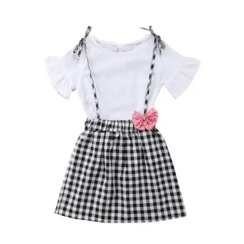 

Toddler Kids Baby Girls Outfits Clothes Sets T-shirt Tops Short Sleeve Strap Plaid Skirt Cute 2PCS Clothing Sets Girl 2-7T