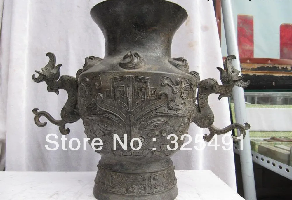 

China Regius Old Pure Bronze Carved people Face beast veins Zun Crock Pot Vase z