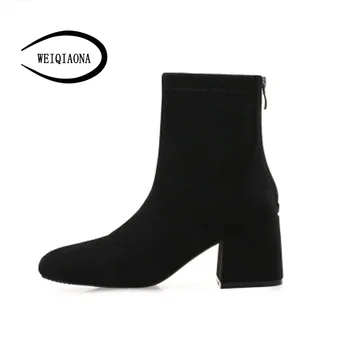 

WEIQIAONA Winter Women Shoes Warm Flock Square Toe High Heels Short Boot Ladies Shoes Martin Boots Ladies Shoes Stars Model