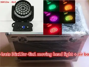 

Flight Case+4pcs / 36x12w 4 in 1 LED zoom moving head light 12W RGBW + UV for DMX512 stage light professional / KTV effect light