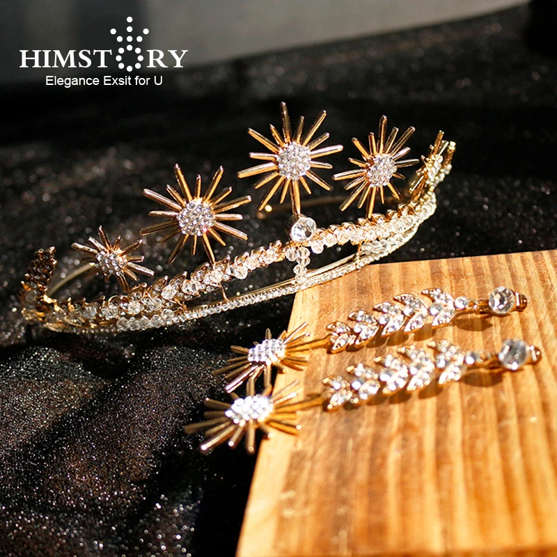 

Himstory Baroque Exquisite Bride Crowns Earrings Wedding Accessories Gold Sun-Flower Rhinestone Bridal Diadem Hair Ornaments