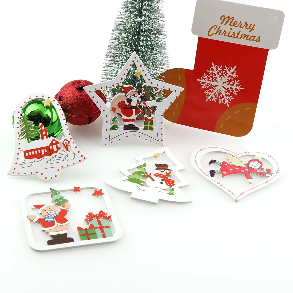 10Pcs Wooden DIY Christmas Tree Hanging Ornaments Pendant Bells santa claus New Year Decor Christmas Decorations For Home