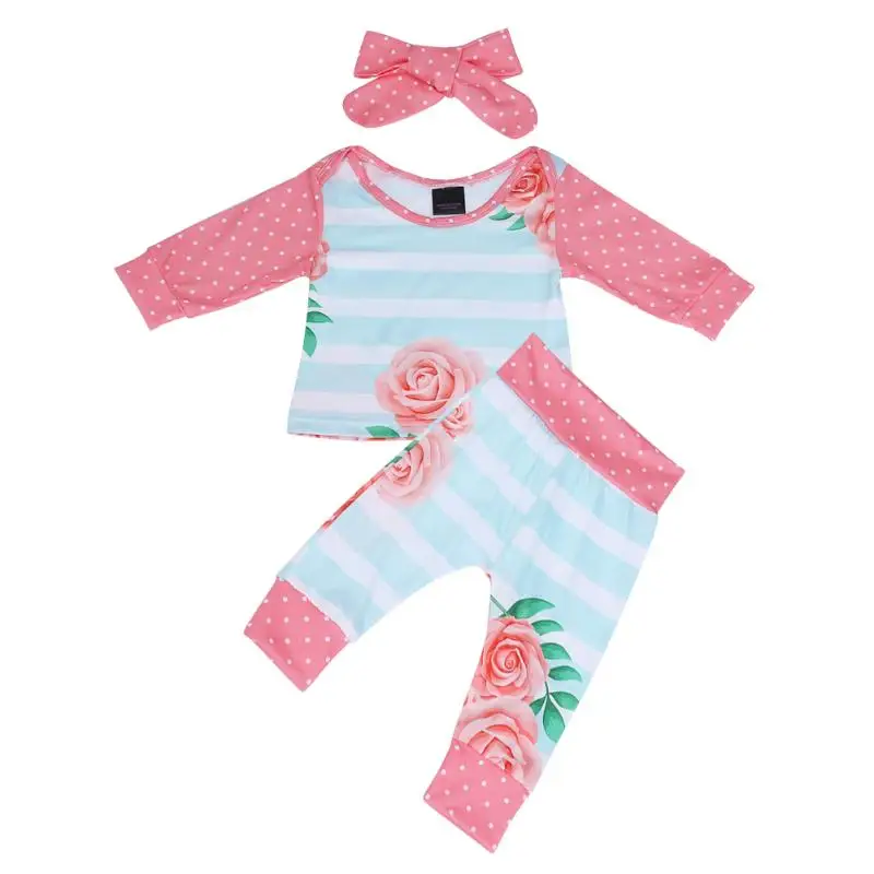 Pink Princess Baby Girl Clothes Set Floral Print Tops Pants Headband Fashion Cute Newborn Girls Birthday Gift