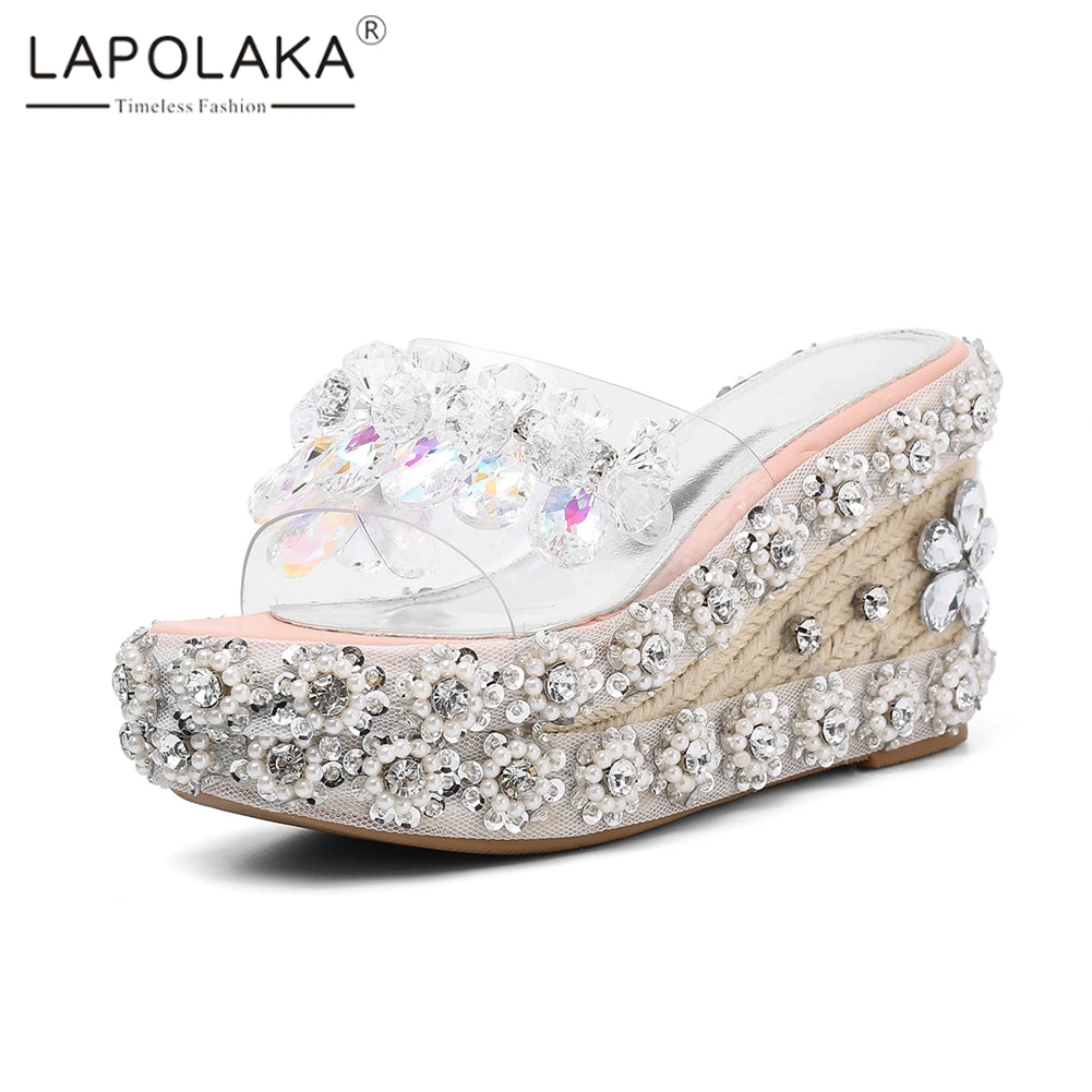 

Lapolaka Brand New Dropship INS Hot Luxury Crystal Ladies Wedges High Heels Shoes Woman Casual Party Summer Slippers 2019